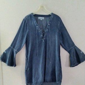 Vintage Havana Denim Bell Sleeve Lace-Up Dress Medium